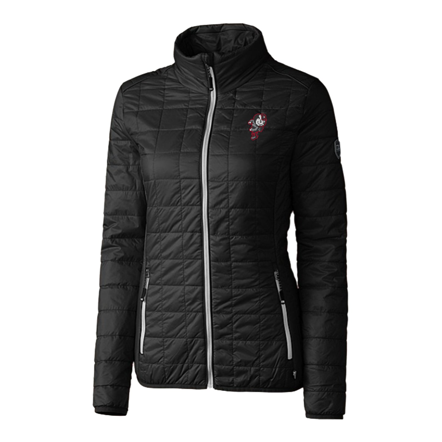 Ladies Ohio State Buckeyes Cutter & Buck Rainier PrimaLoft Eco Insulated Black Full Zip Jacket - Front View