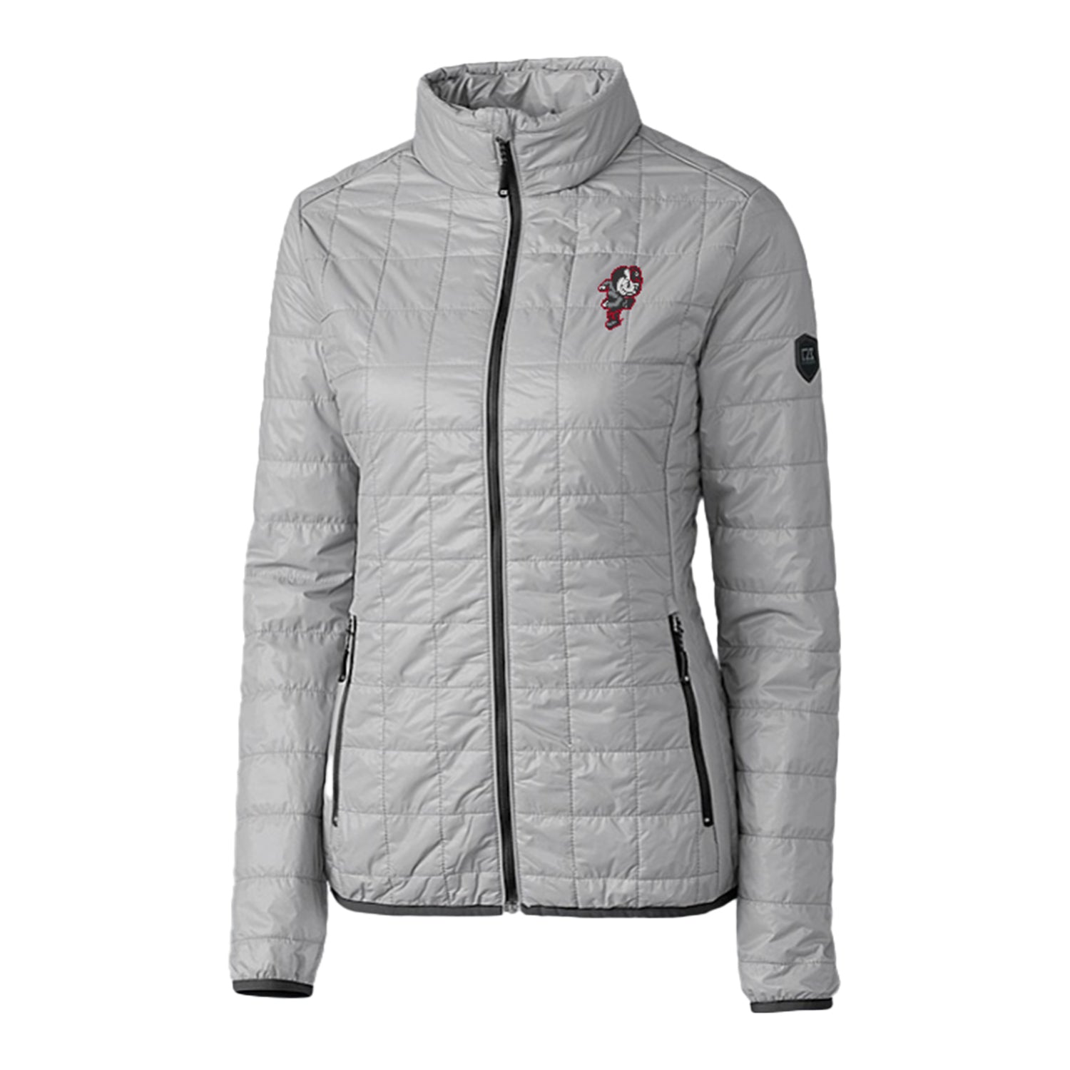 Ladies Ohio State Buckeyes Cutter & Buck Rainier PrimaLoft Eco Insulated Gray Full Zip Jacket - Front View