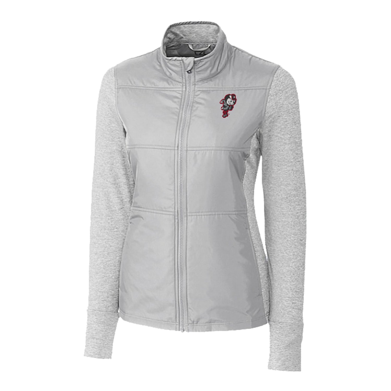 Ladies Ohio State Buckeyes Cutter & Buck Stealth Hybrid Quilted Gray Full Zip Jacket - Front View