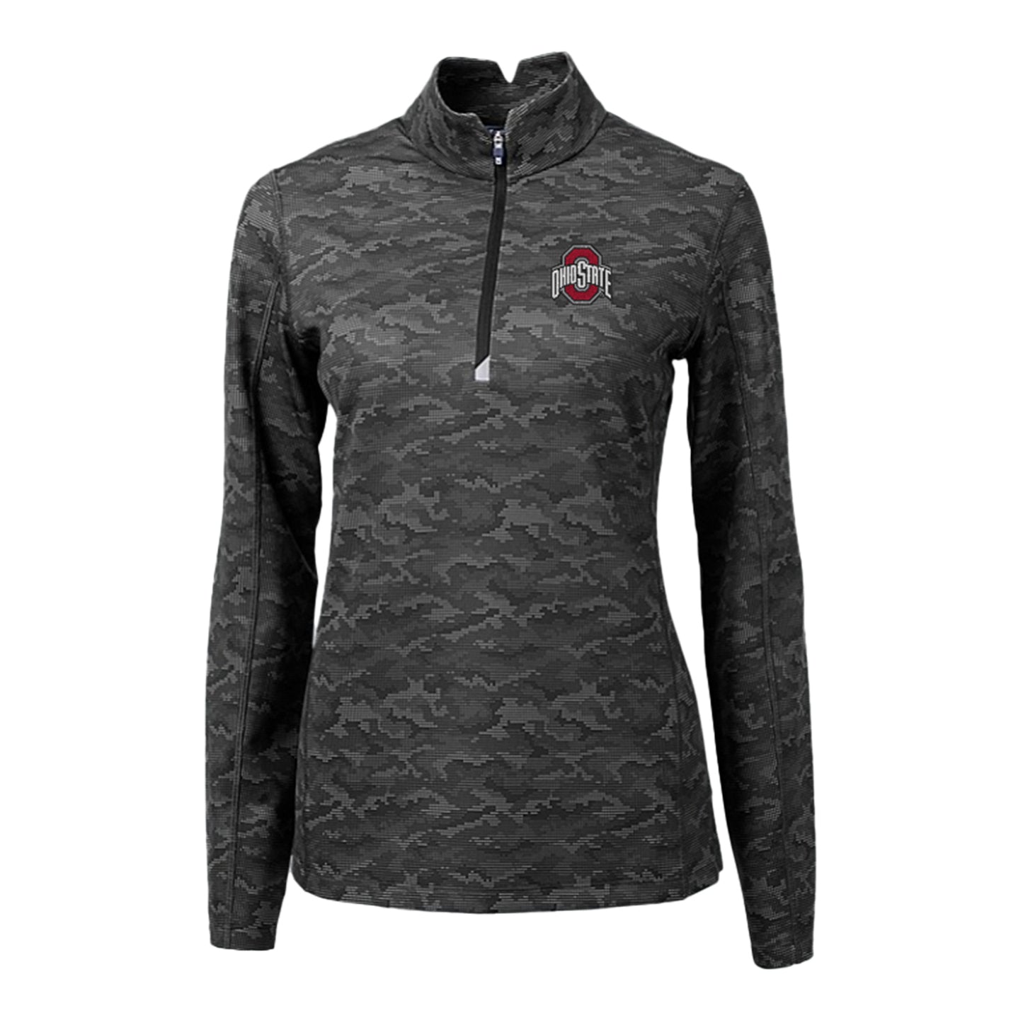 Ladies Ohio State Buckeyes Cutter & Buck Traverse Stretch Black Camo 1/4 Zip Jacket - Front View