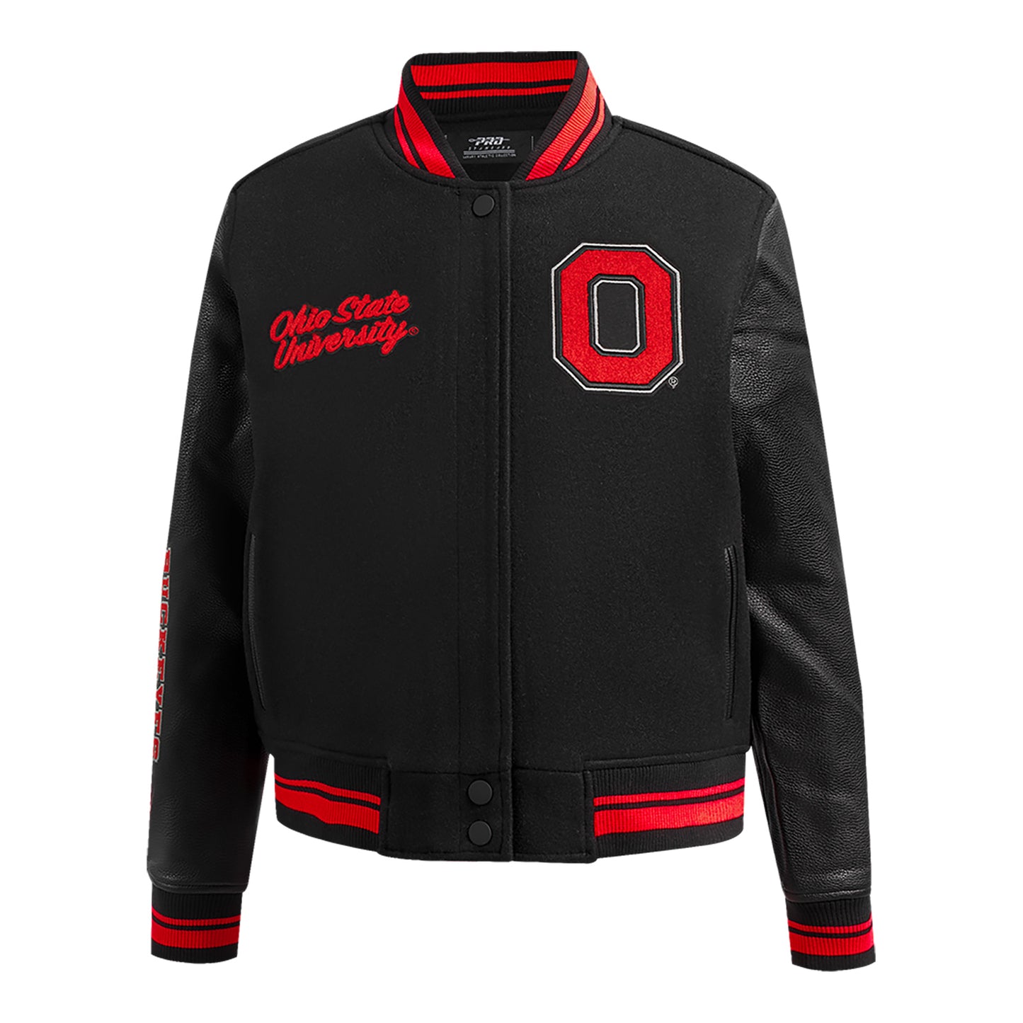 Ladies Ohio State Buckeyes Prostandard Classic Wool Varsity Jacket In Black - Front View