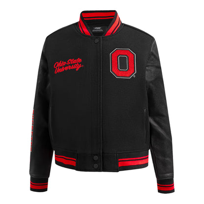 Ladies Ohio State Buckeyes Prostandard Classic Wool Varsity Jacket In Black - Front View