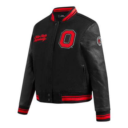 Ladies Ohio State Buckeyes Prostandard Classic Wool Varsity Jacket In Black - Front Left View