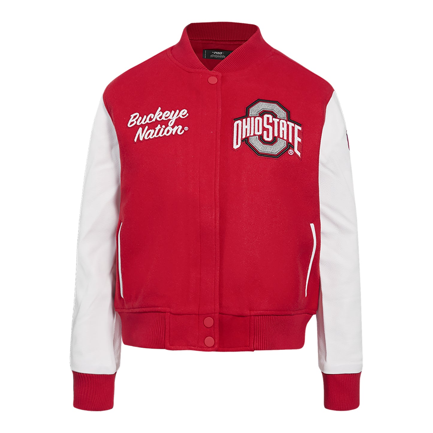 Ladies Ohio State Buckeyes Classic Wool Varsity Jacket In Red - Front View