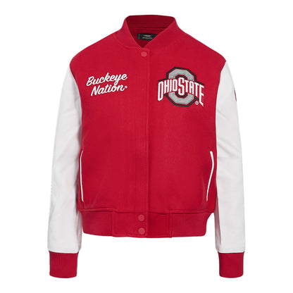 Ladies Ohio State Buckeyes Classic Wool Varsity Jacket In Red - Front View