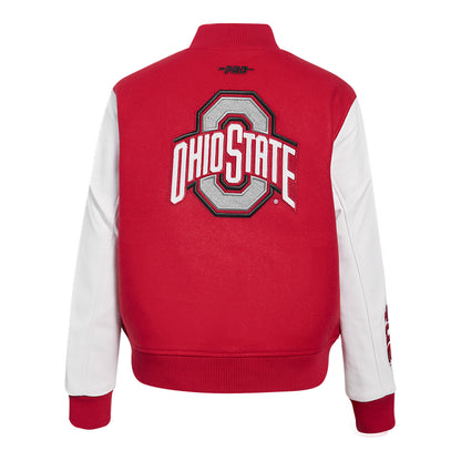 Ladies Ohio State Buckeyes Classic Wool Varsity Jacket In Red - Back View