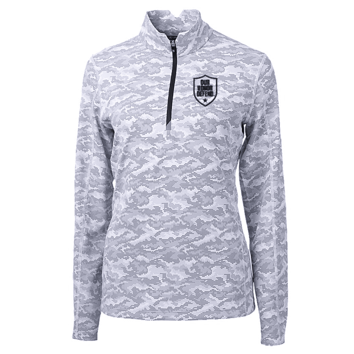 Ladies Ohio State Buckeyes Cutter & Buck Our Honor Defend Camo 1/4 Zip Jacket In Grey - Front View