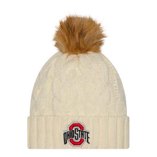 Ohio State Buckeyes New Era Faux Fur Pom Cream Beanie - Front View