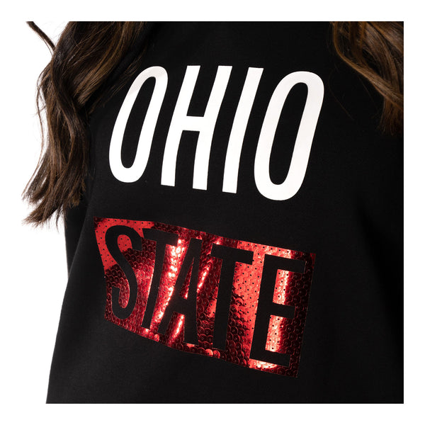 Ladies Ohio State Buckeyes Sequin Die Cut Hooded Sweatshirt - In Black - Up Close Detail View