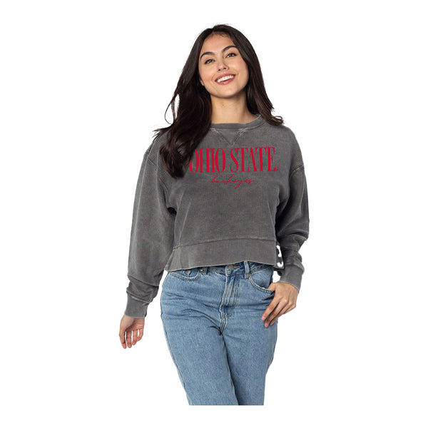 Ladies Ohio State Buckeyes Classic Over Script Crew - In Charcoal - Front View