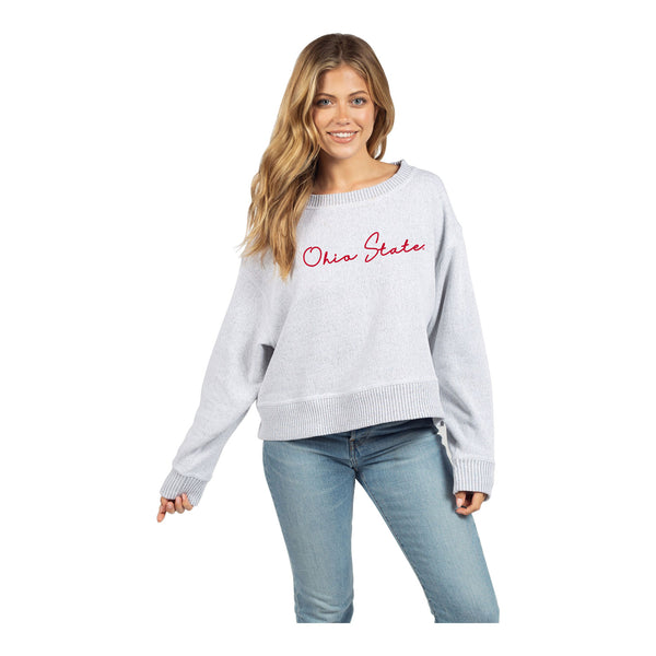 Ladies Ohio State Buckeyes Spirit Fleece Long Sleeve Crew Cropped Gray Pullover - In Gray - Front View