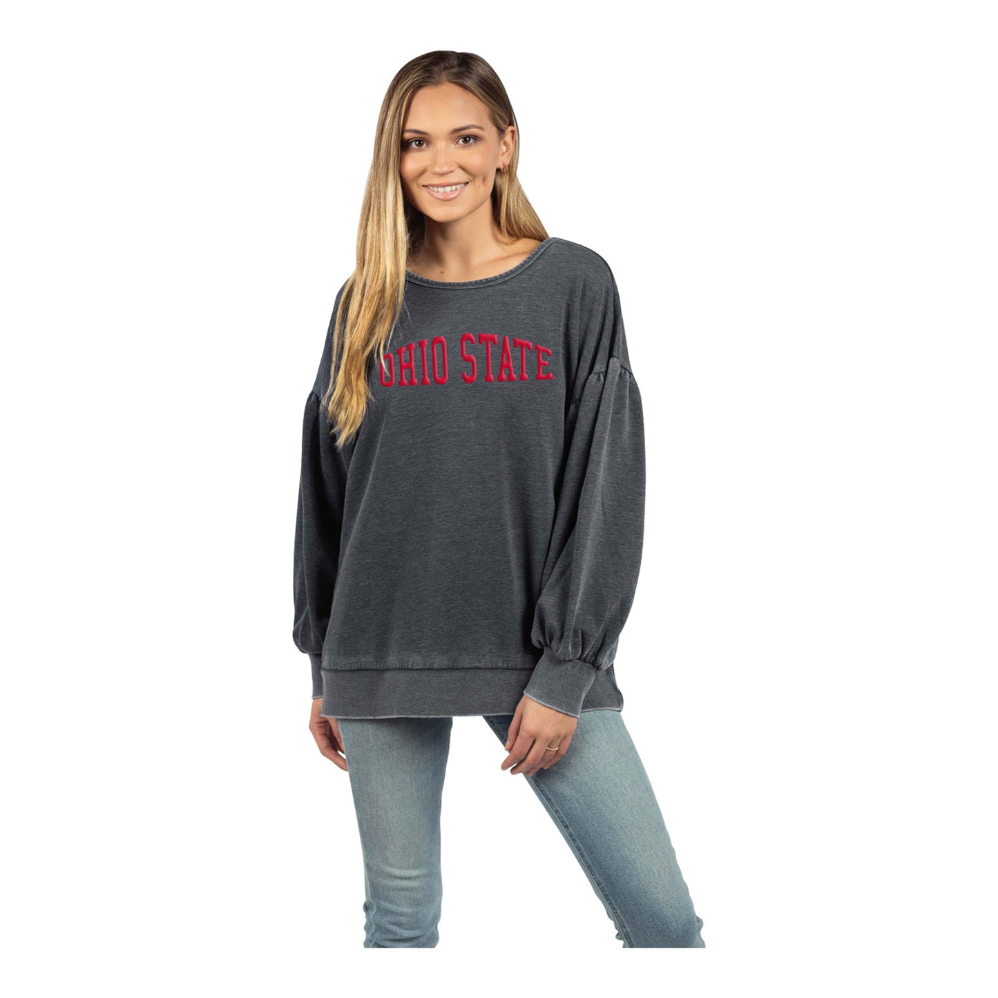 Ladies Ohio State Buckeyes Burnout Puff Sleeve Charcoal Sweatshirt - In Gray - Front View