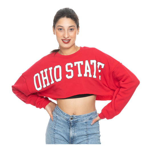 Ladies Ohio State Buckeyes Fleece Uber Scarlet Crew Crop - In Scarlet - Front View