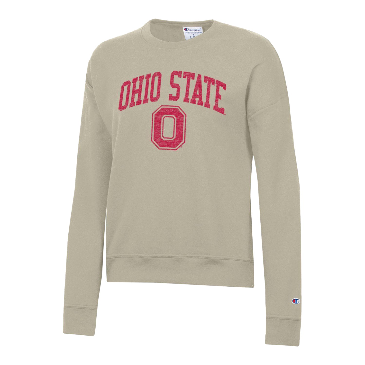 Ladies Ohio State Buckeyes Powerblend® Wordmark Cocoa Butter Crew Sweatshirt - In Tan - Front View