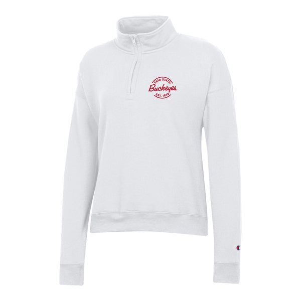 Ladies Ohio State Buckeyes Powerblend® Embroidered White 1/4 Zip - In White - Front View