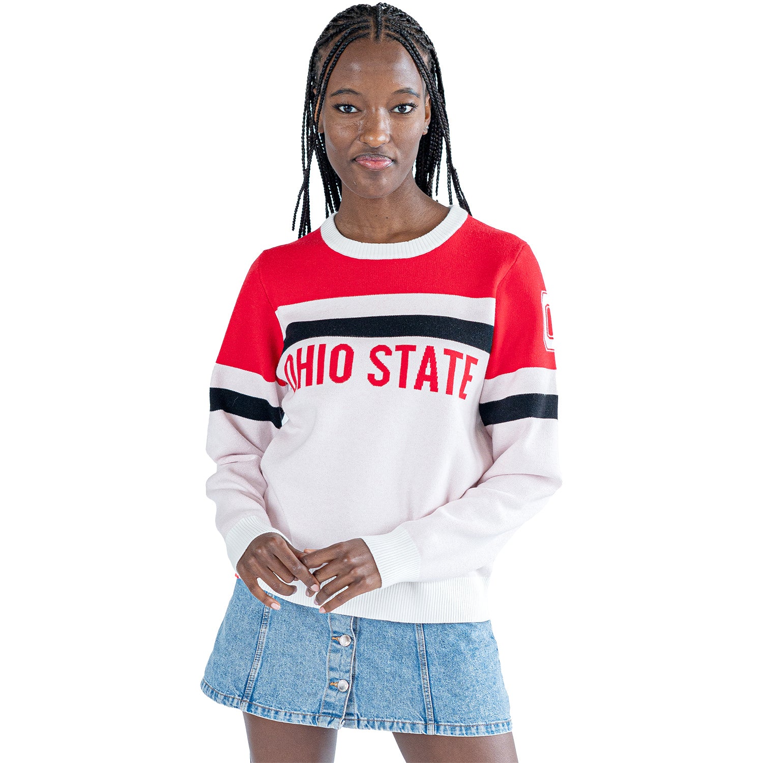 Ladies Ohio State Buckeyes Lusso Jaquard Stripe Crewneck Sweatshirt - Front View