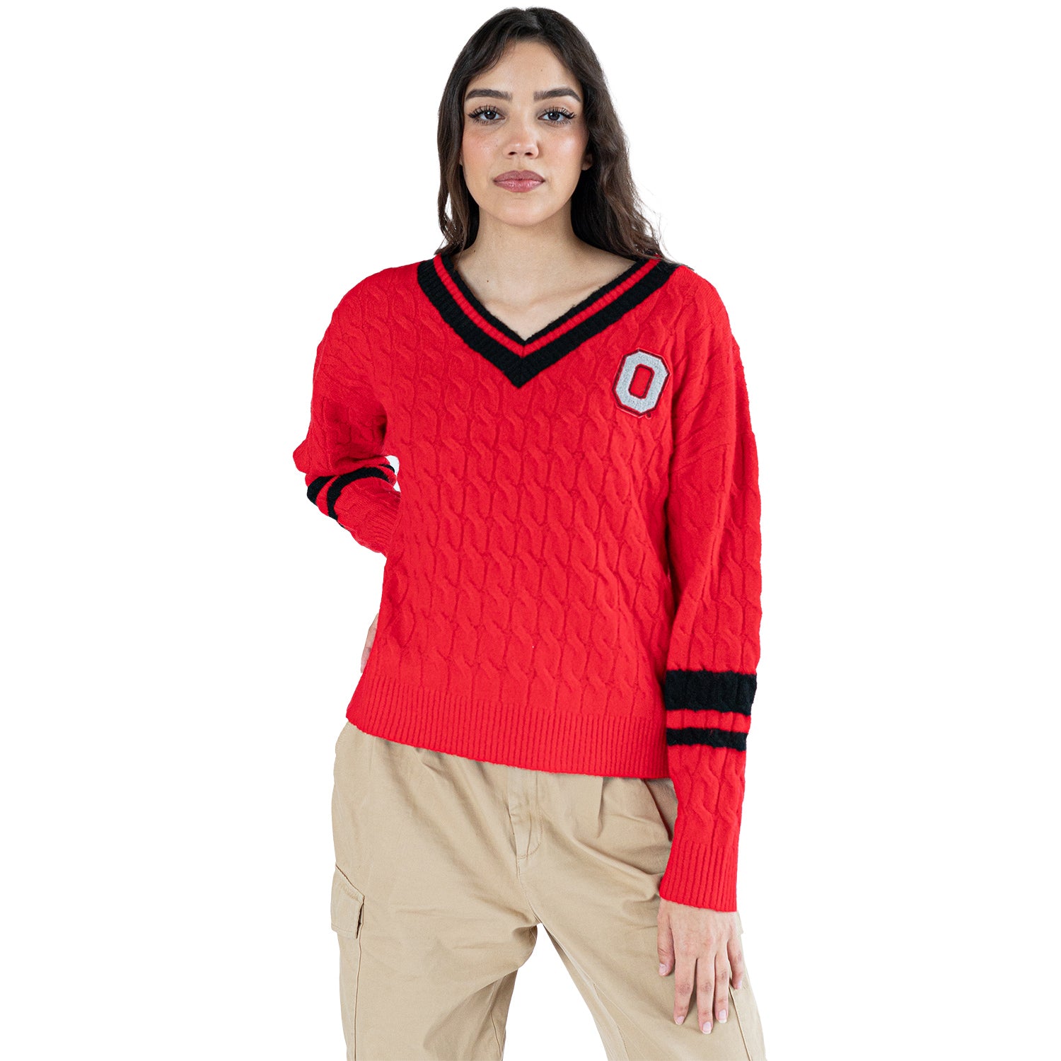 Ladies Ohio State Buckeyes Lusso Cable Knit V-Neck Sweater - Front View