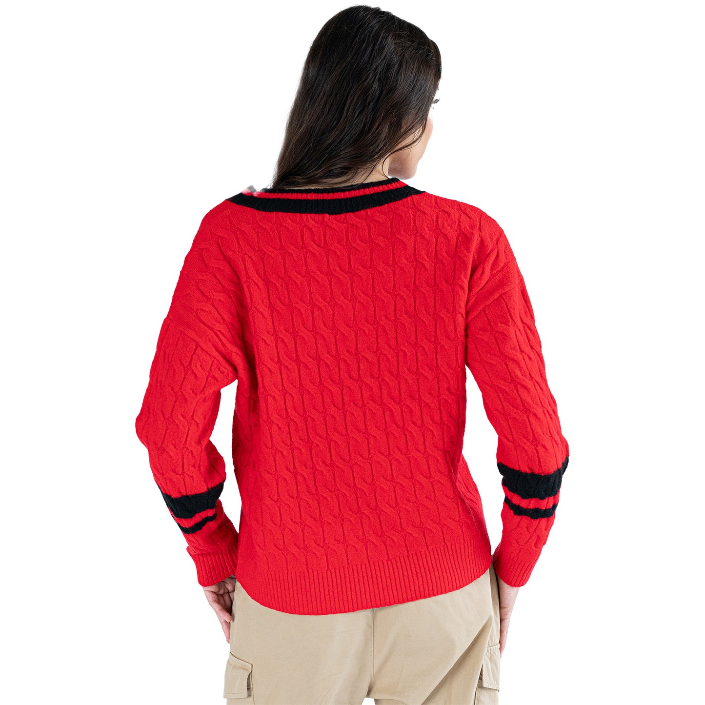 Ladies Ohio State Buckeyes Lusso Cable Knit V-Neck Sweater - Back View