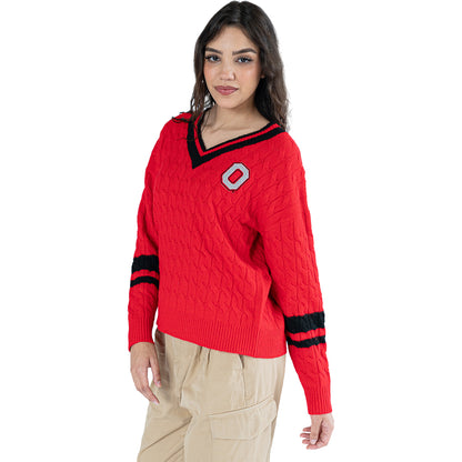 Ladies Ohio State Buckeyes Lusso Cable Knit V-Neck Sweater - Left View