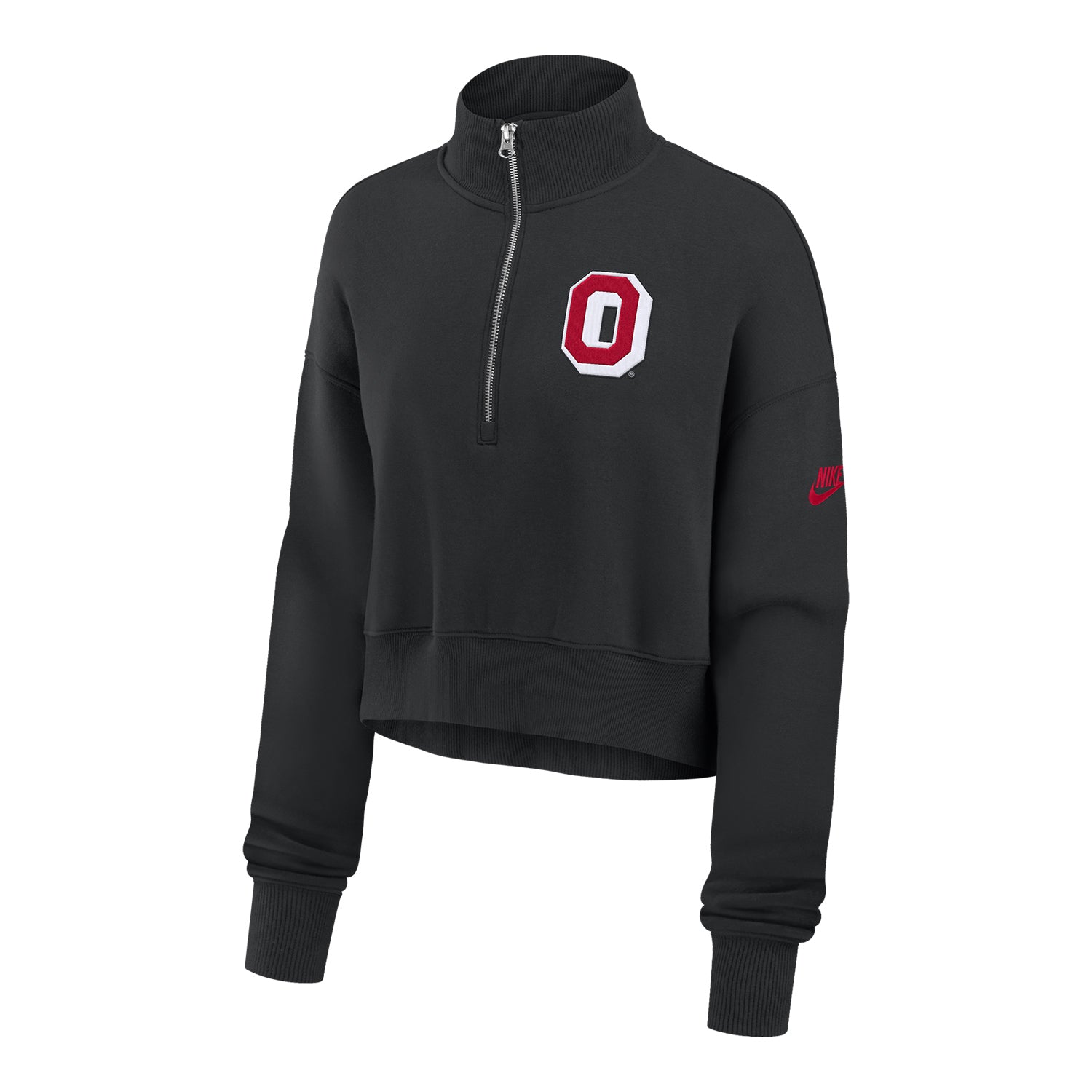 Ladies Ohio State Buckeyes Nike 1/2 Zip Retro Block O Black Crop Sweatshirt - Front View