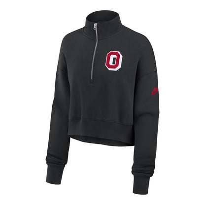 Ladies Ohio State Buckeyes Nike 1/2 Zip Retro Block O Black Crop Sweatshirt - Front View