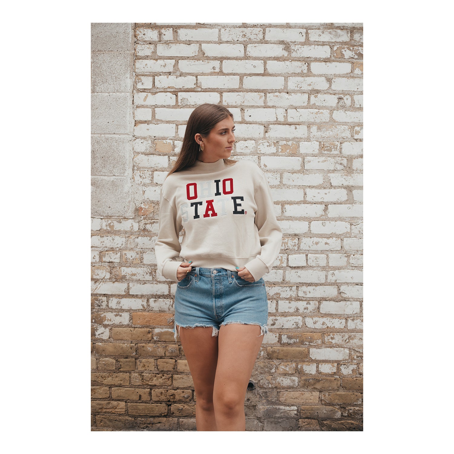 Ladies Ohio State Buckeyes Ivory Crew Crop Sweatshirt - Modeled  View