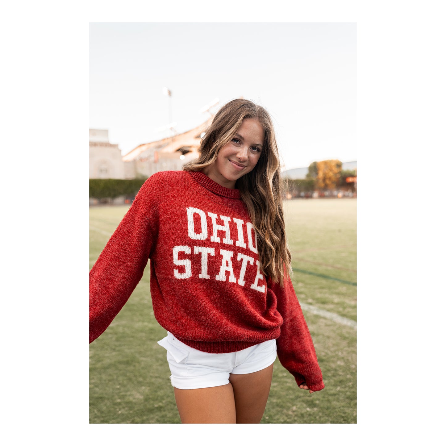 Ladies Ohio State Buckeyes Scarlet Crew Turtleneck Sweater - Modeled View