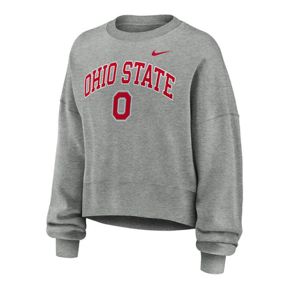 Ladies Ohio State Buckeyes Nike Wordmark Block O Crewneck Sweatshirt In Gray - Front View