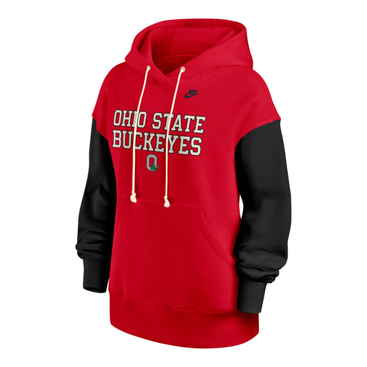 Ladies Ohio State Buckeyes Nike Colorblock Wordmark Hooded Sweatshirt In Scarlet - Front View