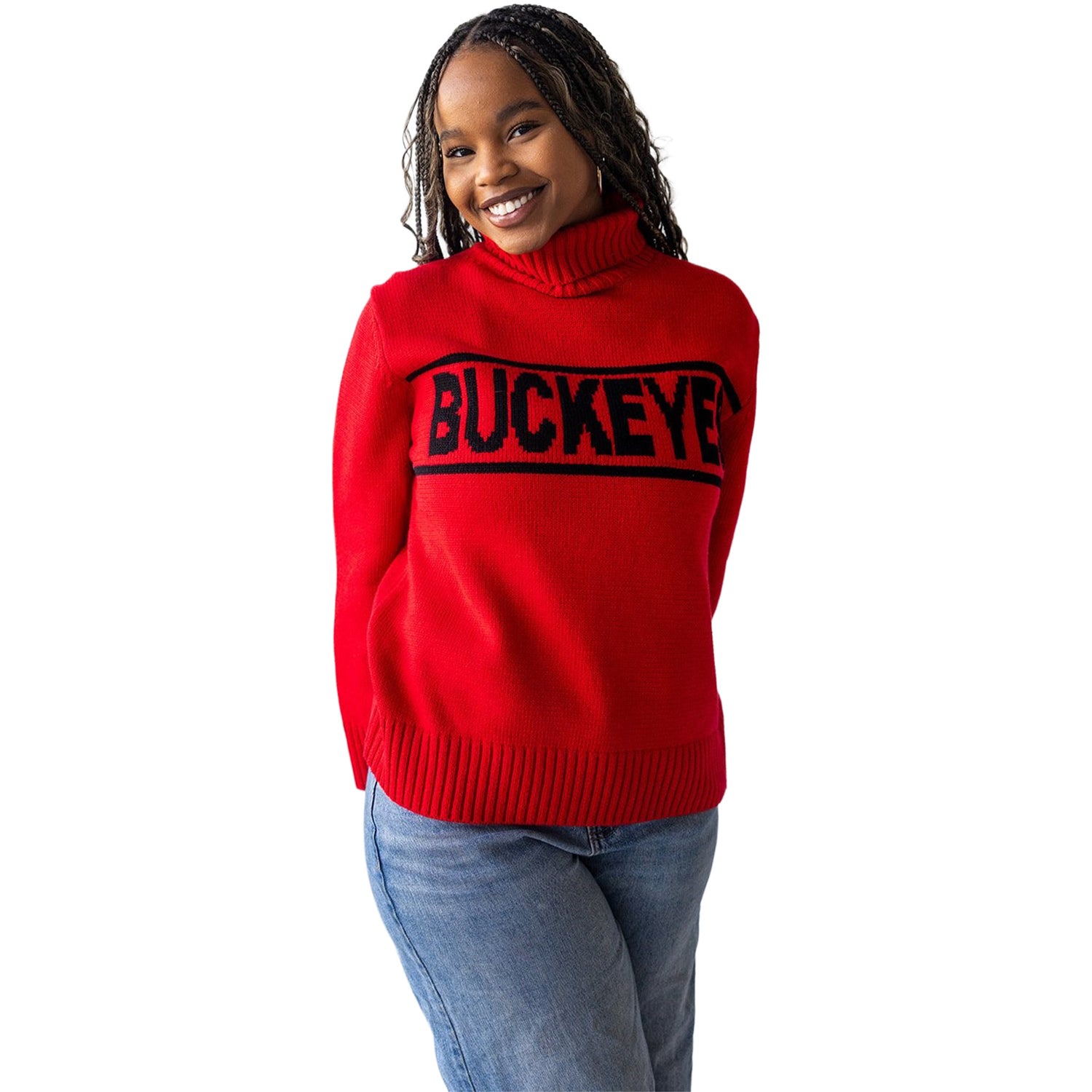 Ladies Ohio State Buckeyes Gameday Social Rolled Turtleneck Sweater In Red - Front View