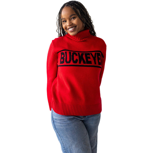 Ladies Ohio State Buckeyes Gameday Social Rolled Turtleneck Sweater In Red - Front View