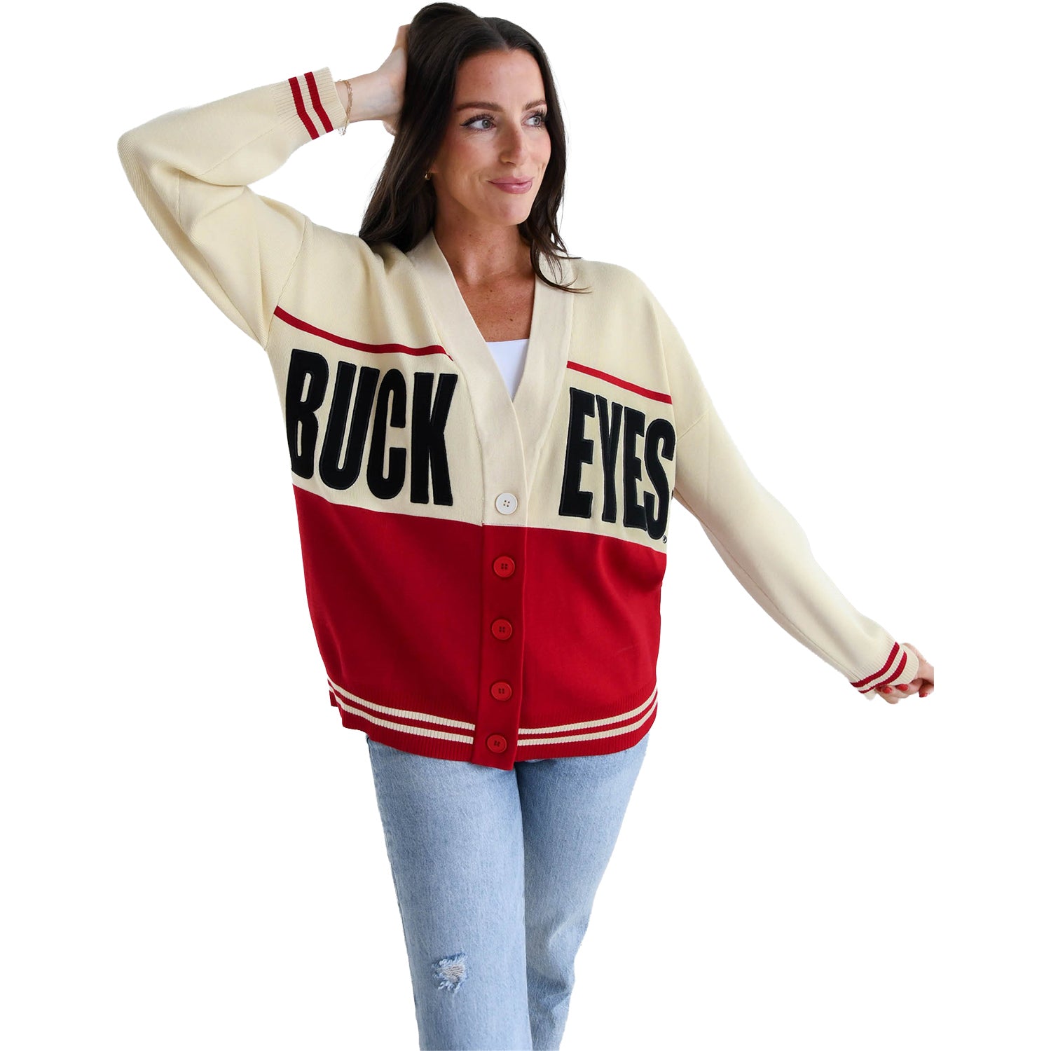 Ladies Ohio State Buckeyes Cardigan In Cream & red - Front View