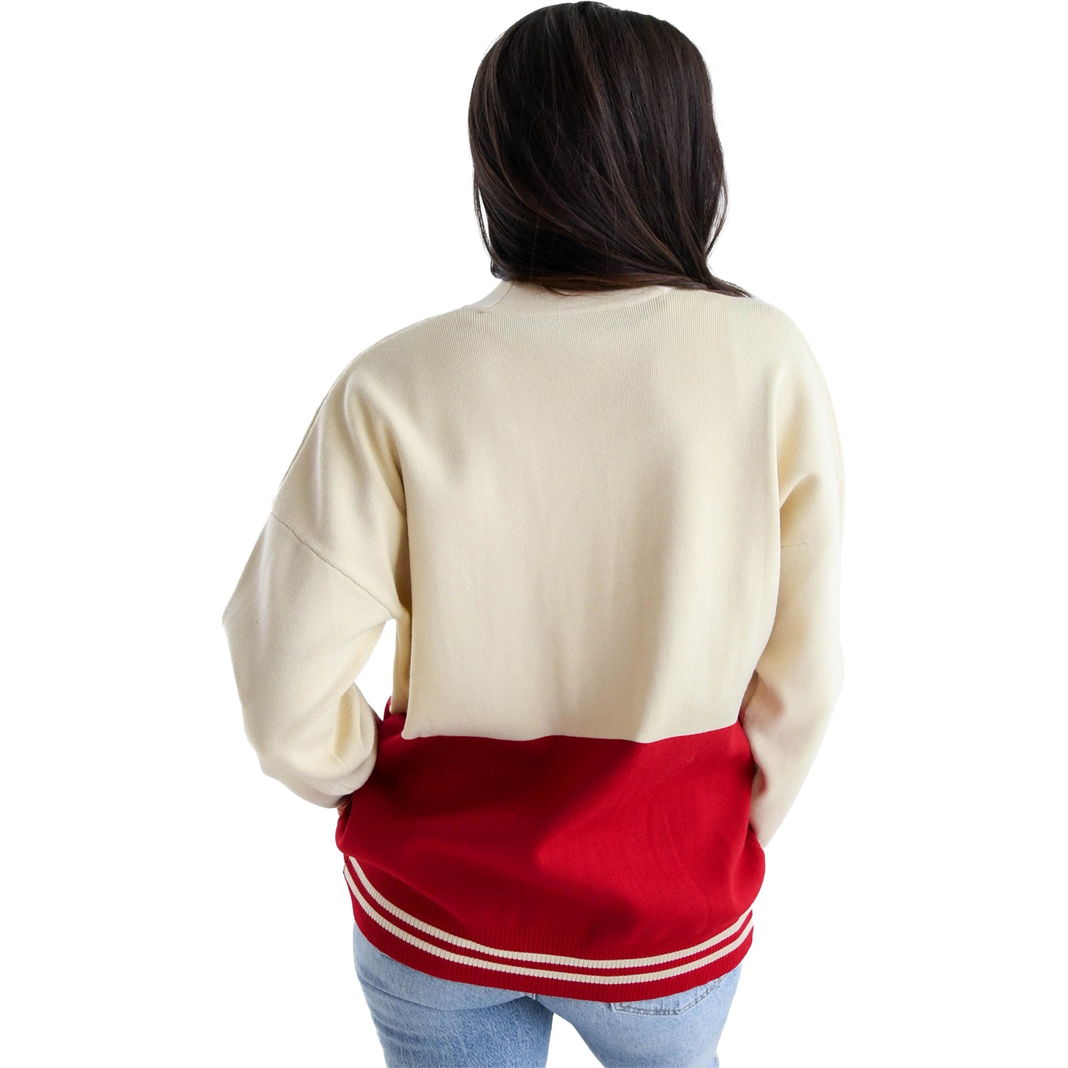 Ladies Ohio State Buckeyes Cardigan In Cream & red - Back View