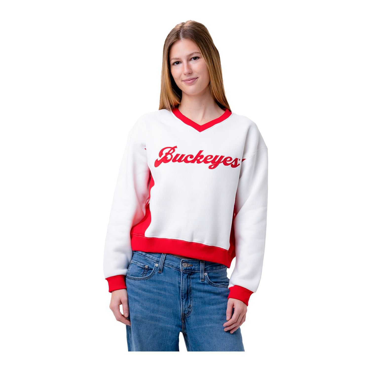 Ladies Ohio State Buckeyes Colorblock Crewneck Sweatshirt In White - Front View