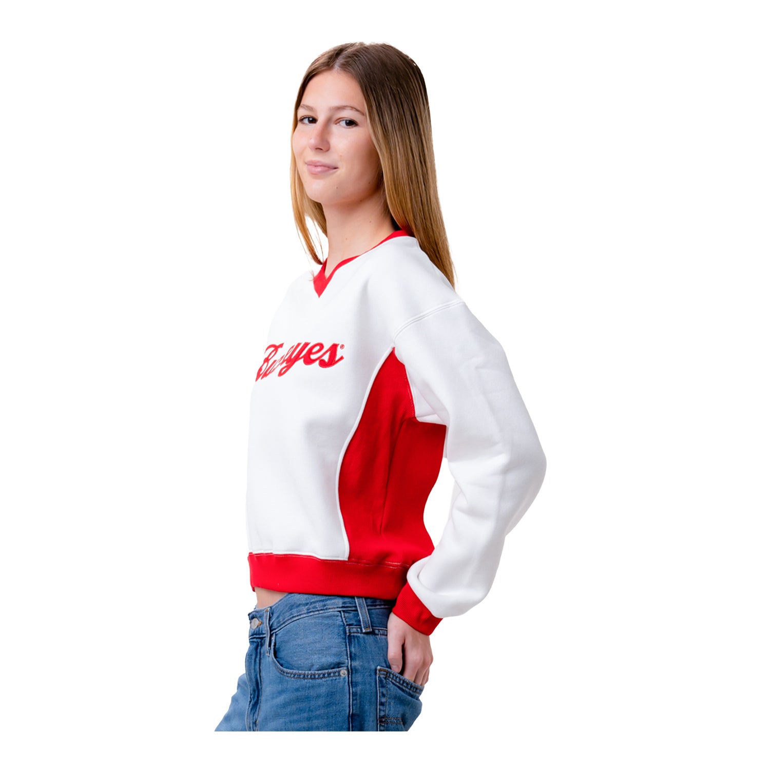 Ladies Ohio State Buckeyes Colorblock Crewneck Sweatshirt In White - Front View 3