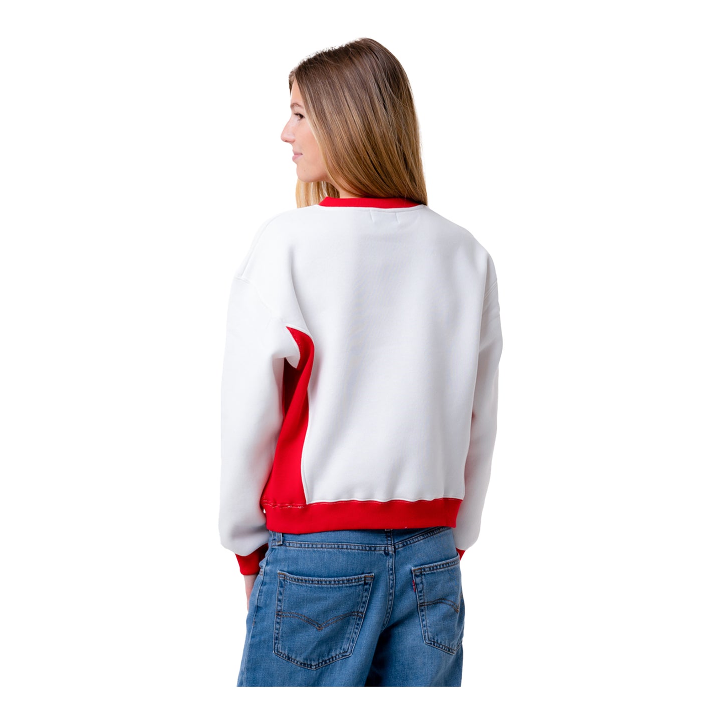 Ladies Ohio State Buckeyes Colorblock Crewneck Sweatshirt In White - Back View
