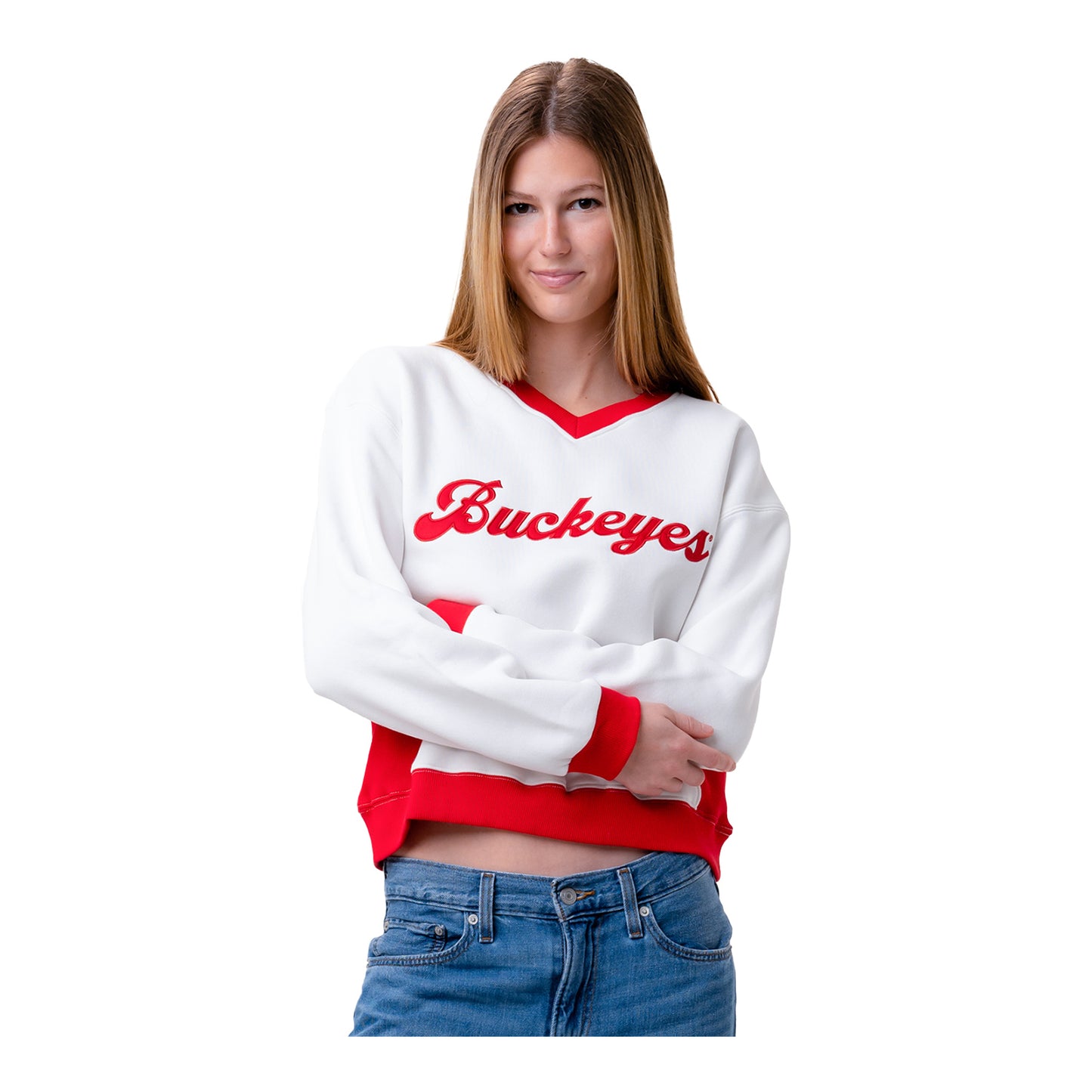 Ladies Ohio State Buckeyes Colorblock Crewneck Sweatshirt In White - Front View 2