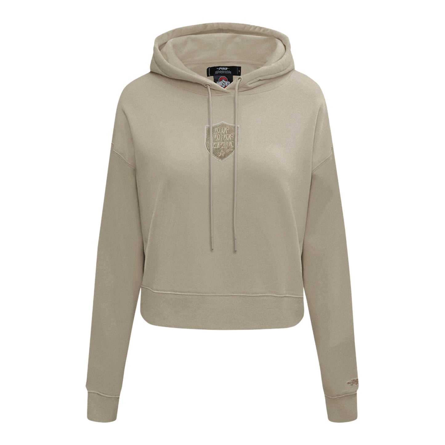 Ladies Ohio State Buckeyes Prostandard Primary Logo Our Honor Defend Crewneck Sweatshirt In Tan - Front View