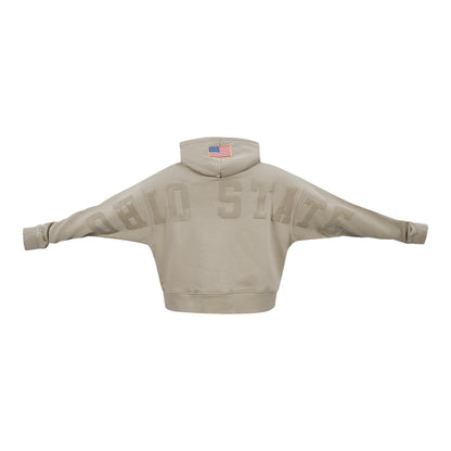 Ladies Ohio State Buckeyes Prostandard Primary Logo Our Honor Defend Crewneck Sweatshirt In Tan - Back Stretched View