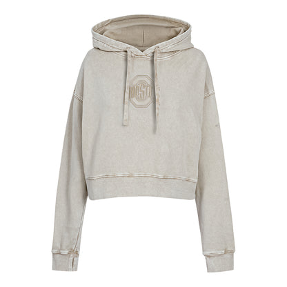 Ladies Ohio State Buckeyes Prostandard Washed Primary Logo Cropped Sweatshirt In Cream - Front View