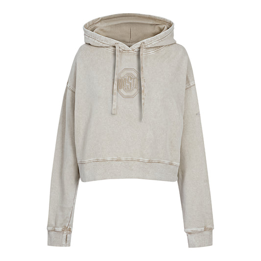 Ladies Ohio State Buckeyes Prostandard Washed Primary Logo Cropped Sweatshirt In Cream - Front View