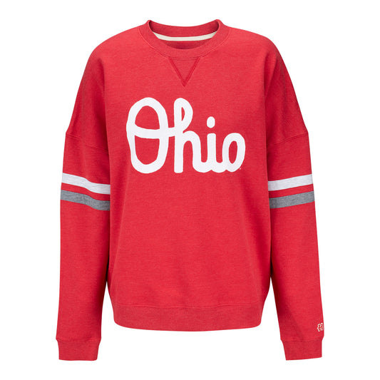 Ladies Ohio State Buckeyes Homage Script Ohio Crewneck Sweatshirt In Scarlet - Front View