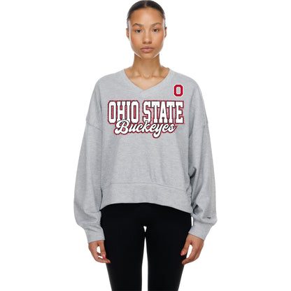 Ladies Ohio State Buckeyes New Era V-Neck Script Crewneck - Front