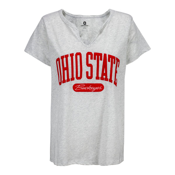 Ladies Ohio State Buckeyes Wordmark Notch Cream T-Shirt - In White - Front View