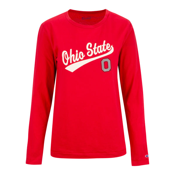 Ladies Ohio State Buckeyes University Curved Long Sleeve T-Shirt - In Scarlet - Front View