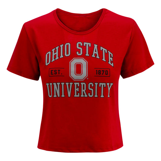 Ladies Ohio State Buckeyes Property Of Crop Short Sleeve - In Scarlet - Front View