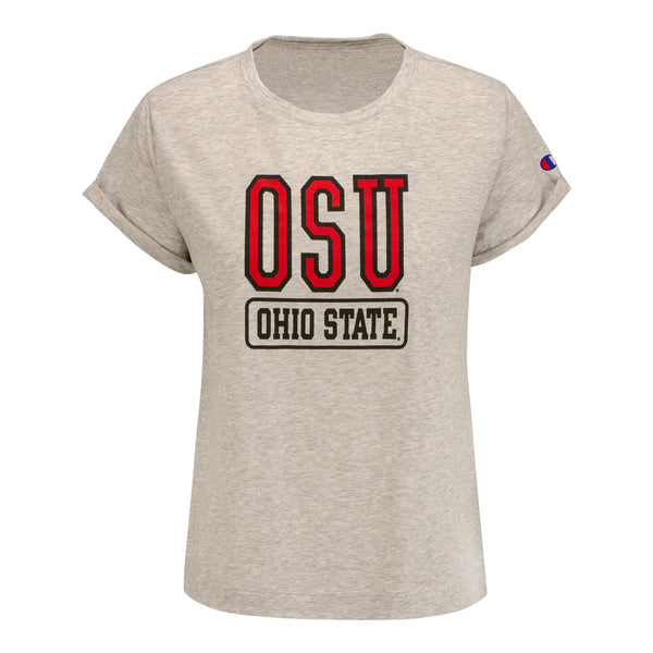 Ladies Ohio State Buckeyes Field Day Blocked OSU T-Shirt - In Gray - Front View