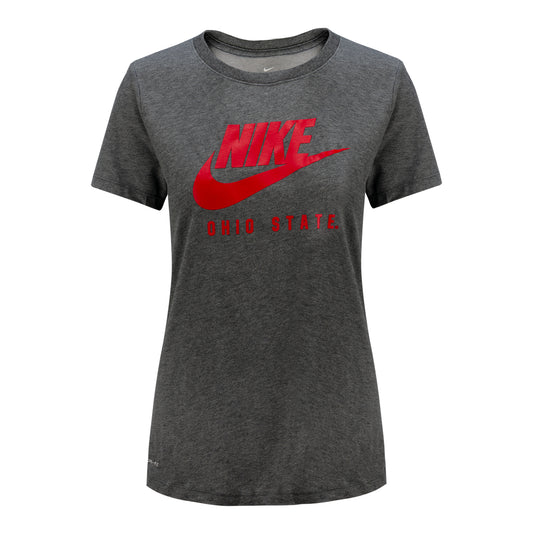 Ladies Ohio State Buckeyes Nike DriFit Script Ohio T-Shirt - In Gray - Front View