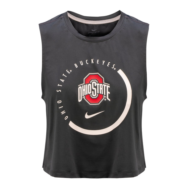 Ladies Ohio State Buckeyes Nike Circled Ohio Crop Tank Top - In Gray - Front View