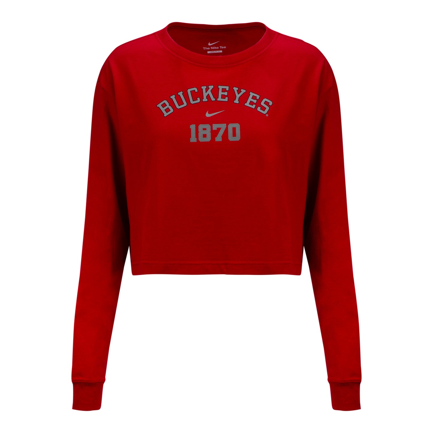 Ladies Ohio State Buckeyes Nike Arched 1870 Crop Long Sleeve - In Scarlet - Front View